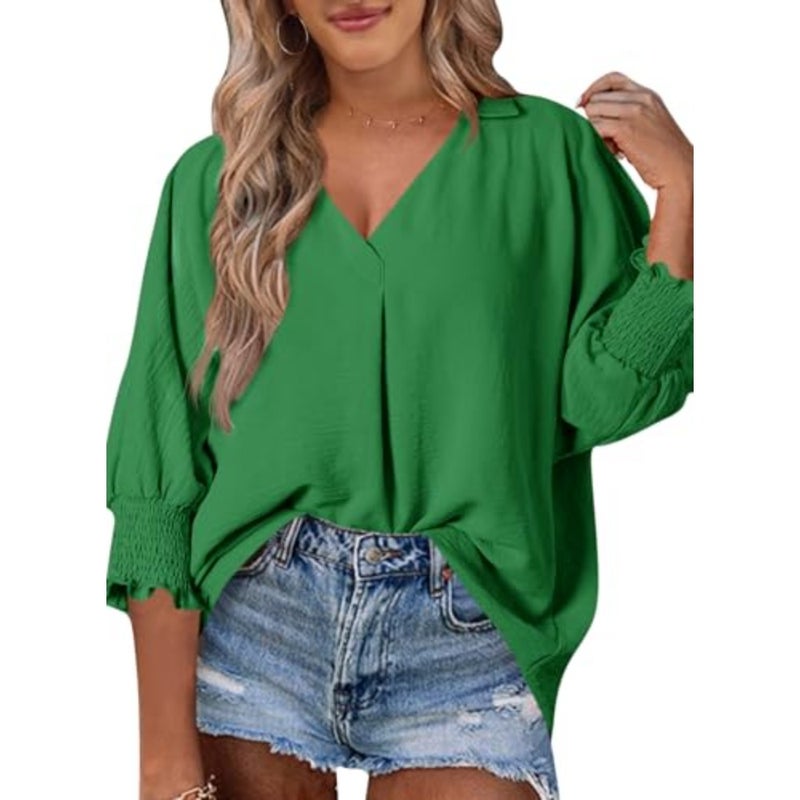 Women's V-Neck blouse for spring summer casual wear, cotton blend fabric, ivory color, smocked cuffs and flowy loose fit design - Image 3