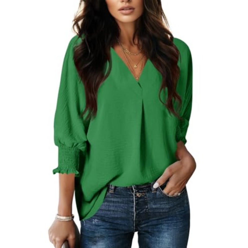 Women's V-Neck blouse for spring summer casual wear, cotton blend fabric, ivory color, smocked cuffs and flowy loose fit design - Image 1