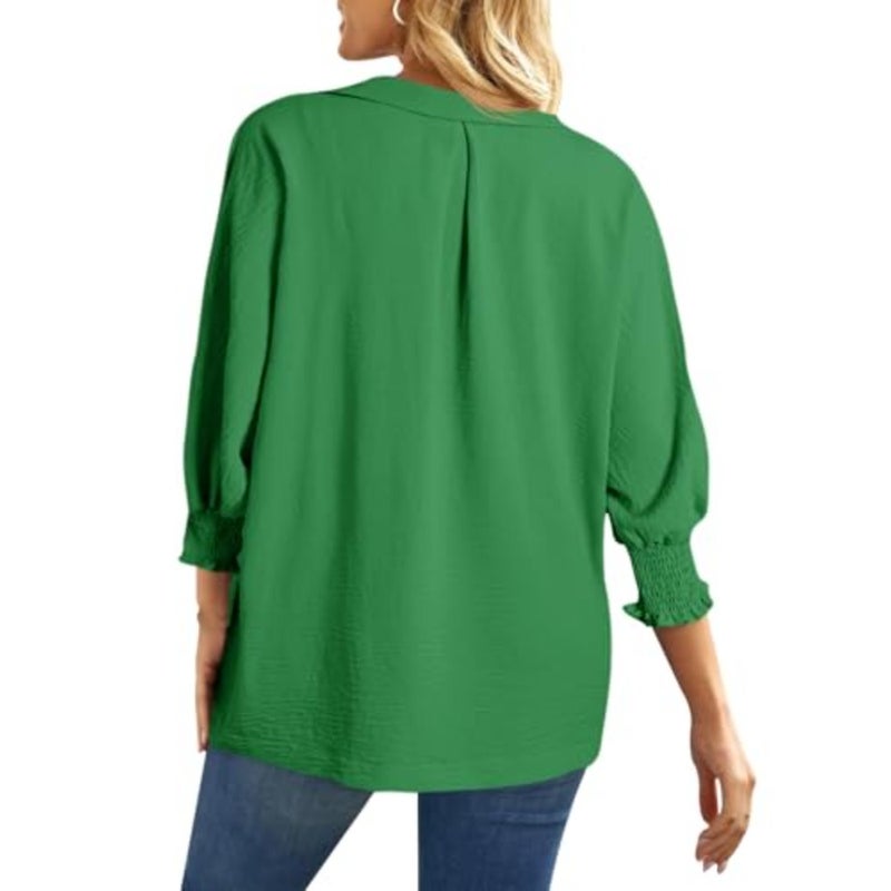 Women's V-Neck blouse for spring summer casual wear, cotton blend fabric, ivory color, smocked cuffs and flowy loose fit design - Image 2