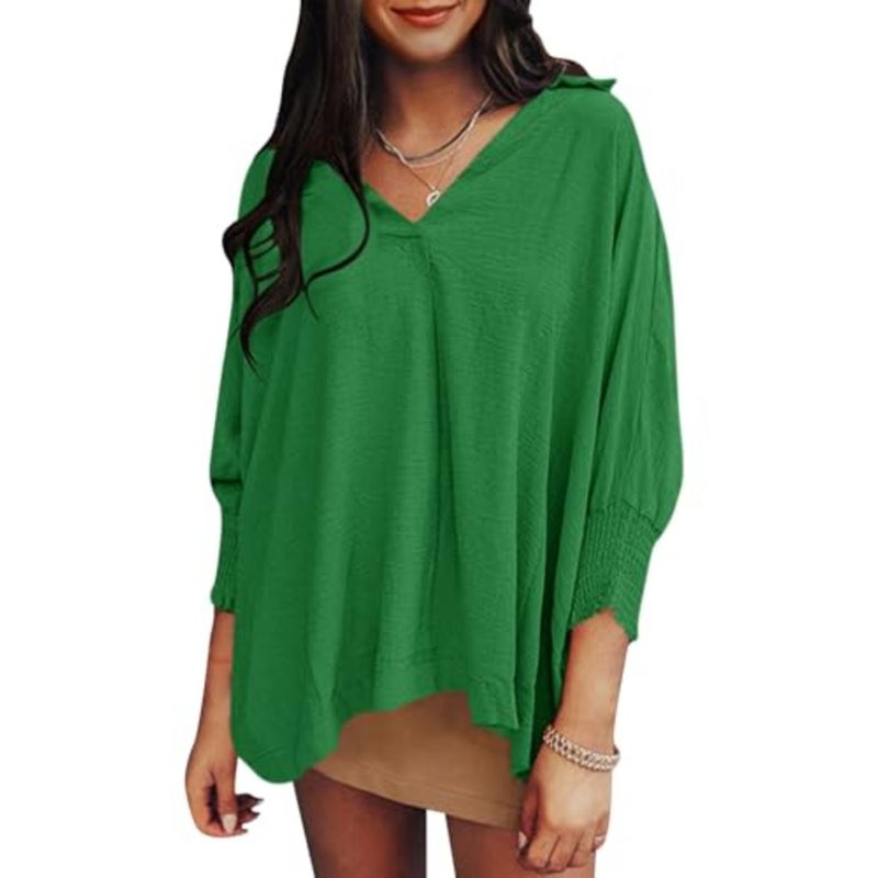 Women's V-Neck blouse for spring summer casual wear, cotton blend fabric, ivory color, smocked cuffs and flowy loose fit design - Image 4
