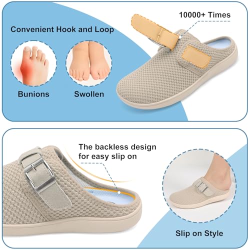 JOINFREE Wide Womens Mules Slippers Adjustable House Slipper Indoor Outdoor Lightweight Barefoot Casual Walking Shoe Comfortable Swollen Edema lymphedema Diabetic Shoe Beige Size 8 - Image 5