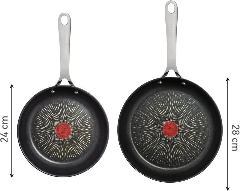 T-fal Tefal Jamie Oliver Cook's Direct Stainless Steel 2-piece Cookware Set, Frypans 24/28 cm, Non-Stick Coating, Heat Indicator, Riveted Safe-Grip Handle, Induction Pan E304S244 - Image 2