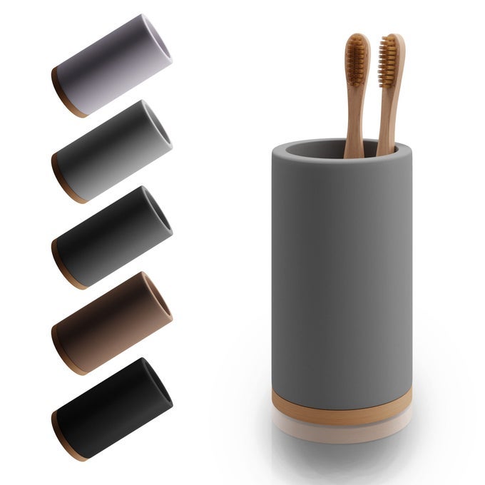 BAMBOO TOOTHBRUSH HOLDER DIATOMITE TOOTH BRUSH ORGANIZER STORAGE STAND FOR SMALL BATHROOM COUNTER REMOVABLE BASE DRAIN HOLES WATERABSORBENT QUICKDRYING GREY