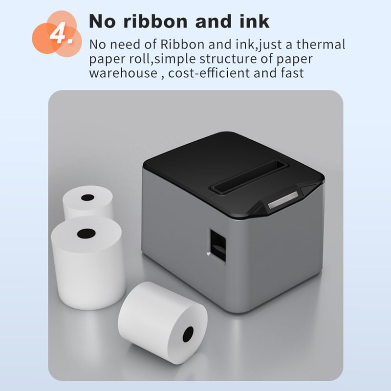 Thermal Receipt Printer 80mm Desktop Direct Thermal Printing USB+LAN Connection High Speed with Auto Cutter Large Paper Bin Support ESC/POS for Shipping Business Restaurant Kitchen - Image 4
