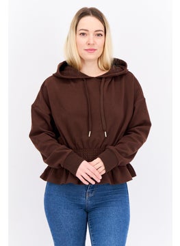 Women Hoodie Plain Long Sleeves Sweatshirt, Dark Brown