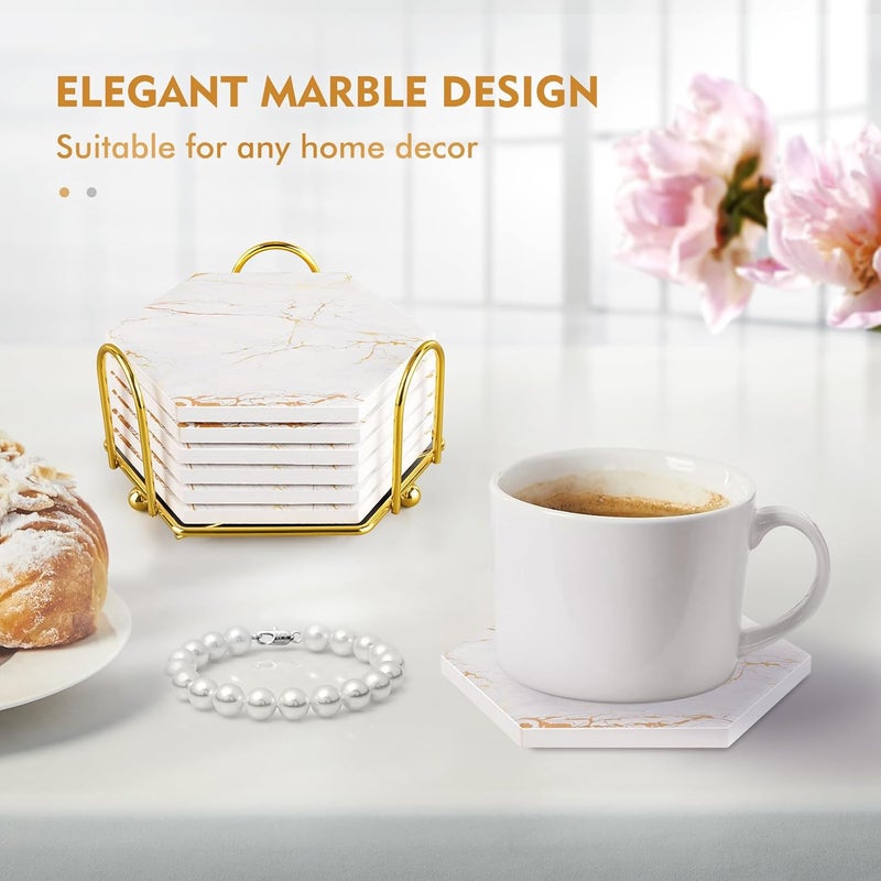 Geichan Marble Coasters for Drinks Absorbent with Cork Base, 6pcs Drink Coasters for Wooden Table with Metal Holder, Gold Ceramic Cup Coaster Set Home Decor for Housewarming - Image 3