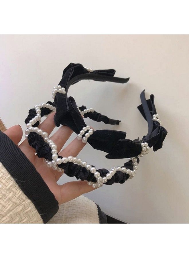 Wiwpar Pearl Headband For Women Pearl Head Bands Fashion Cute Pearl Headband Hair Hoop Hair Accessories Pack Of 2 (Black) - Image 1