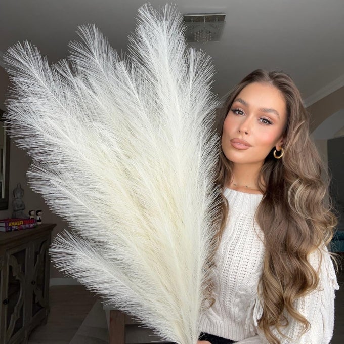 EXTRA LARGE TALL CREAM BEIGE FAKE FAUX ARTIFICIAL PAMPAS GRASS LARGE FLUFFY X3 115CM STEMS X18 DECORATIVE ARTIFICIAL FLORA FEATHERS FOR FLOOR VASES TALL BEIGE PLANT FLOWERS LONG PAMPAS GRASS