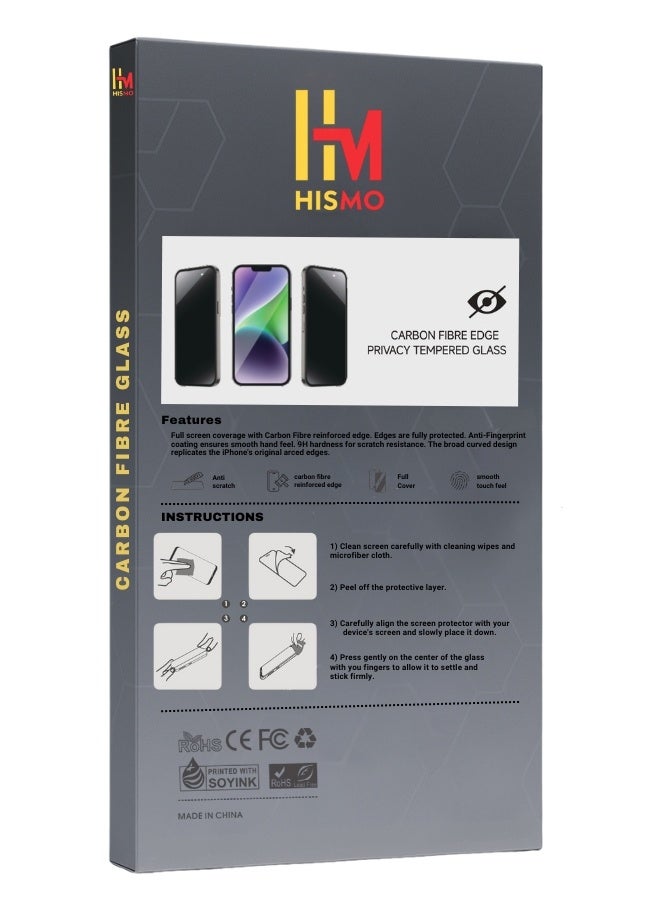 HISMO Carbon Fibre Privacy Screen Protector【iPhone 13 Pro Max】HD Clarity, 9H Tempered Glass, Anti-Scratch, Anti-Fingerprint, Bubble-Free Easy Installation, Full Edge Coverage, Reinforced with Carbon Fibre for Impact Resistance - Image 3