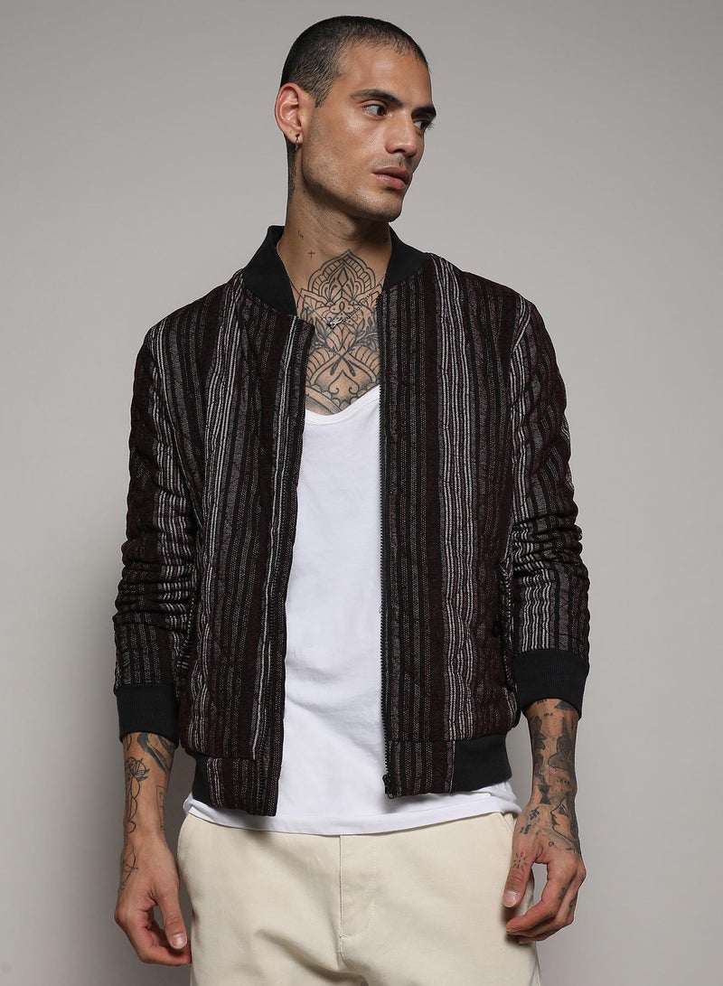 Campus Sutra Men's Charcoal Grey Striped Quilted Bomber Jacket  - Image 2