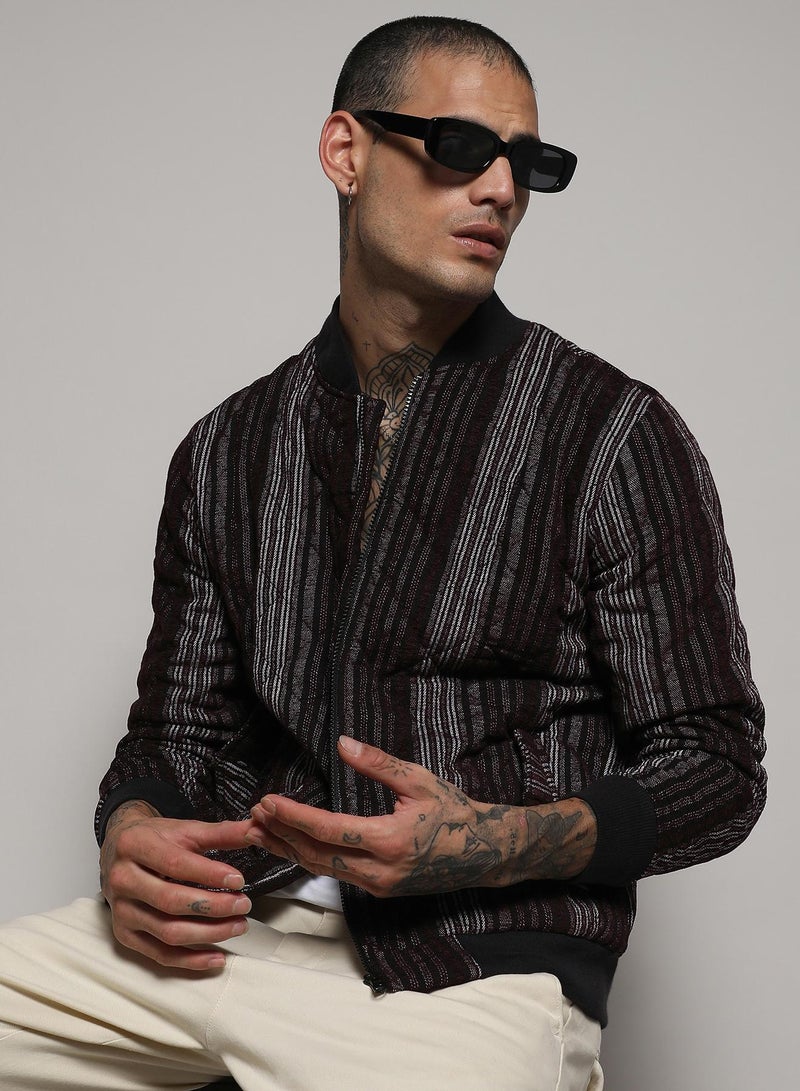 Campus Sutra Men's Charcoal Grey Striped Quilted Bomber Jacket  - Image 1