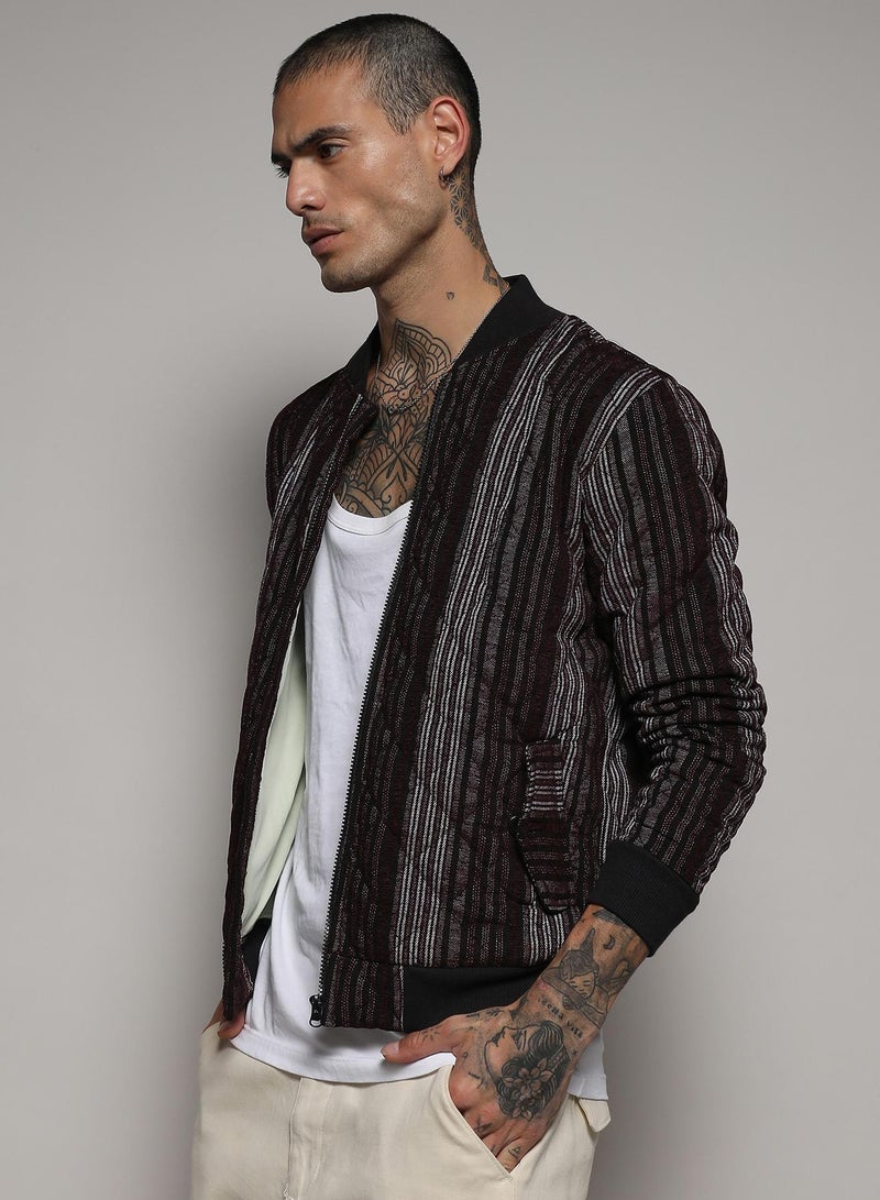 Campus Sutra Men's Charcoal Grey Striped Quilted Bomber Jacket  - Image 3