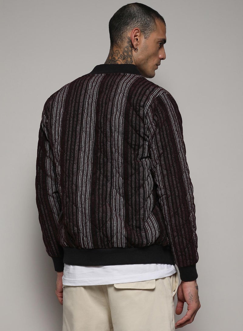 Campus Sutra Men's Charcoal Grey Striped Quilted Bomber Jacket  - Image 5