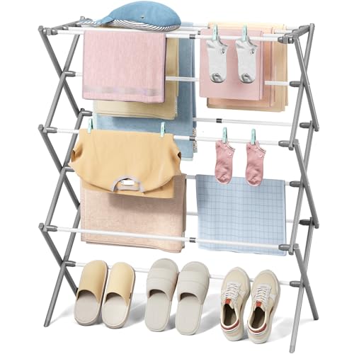 KINGBOARD Clothes Drying Rack, Collapsible Drying Rack Clothing with 11 Poles, 3-Tier Laundry Drying Rack, Small Clothes Drying Rack Foldable for Baby Clothes, 25lb Capacity, White & Grey - Image 1
