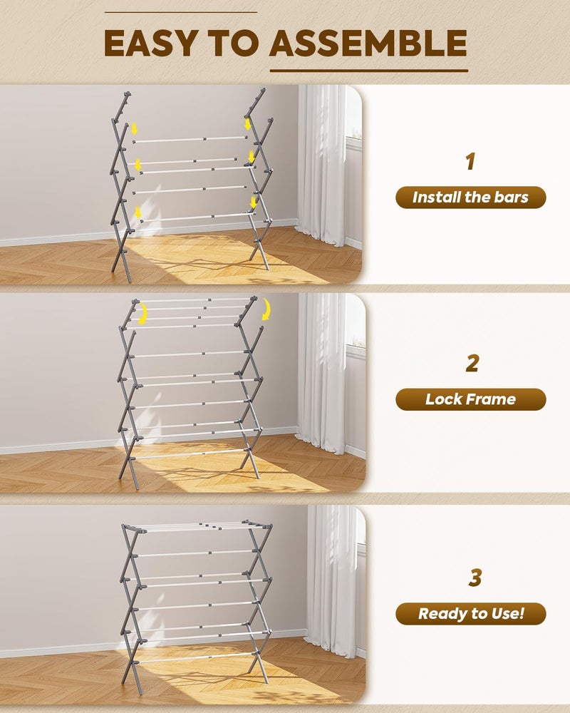 KINGBOARD Clothes Drying Rack, Collapsible Drying Rack Clothing with 11 Poles, 3-Tier Laundry Drying Rack, Small Clothes Drying Rack Foldable for Baby Clothes, 25lb Capacity, White & Grey - Image 5