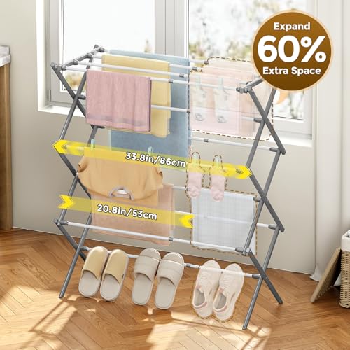 KINGBOARD Clothes Drying Rack, Collapsible Drying Rack Clothing with 11 Poles, 3-Tier Laundry Drying Rack, Small Clothes Drying Rack Foldable for Baby Clothes, 25lb Capacity, White & Grey - Image 2