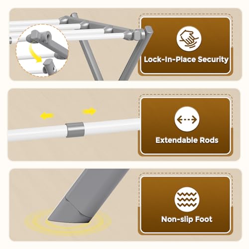 KINGBOARD Clothes Drying Rack, Collapsible Drying Rack Clothing with 11 Poles, 3-Tier Laundry Drying Rack, Small Clothes Drying Rack Foldable for Baby Clothes, 25lb Capacity, White & Grey - Image 4