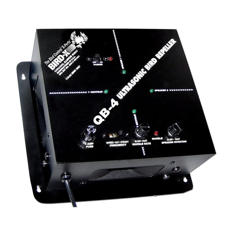 Bird-X Bird-X Quadblaster QB-4, Ultrasonic Bird Preventer with Optional Strobe Light and 4 Built-in Speakers, Ideal for Indoors and Semi-Enclosed Areas, Covers 6,500 sq. ft.  - Image 1
