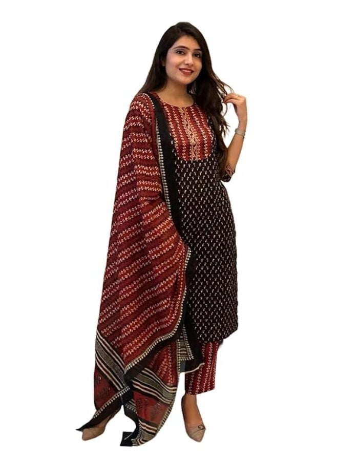 Pinkmint store Printed Round Neck Kurta & Pant with Dupatta Set ll Traditional Kurta Set 2XL - Image 1