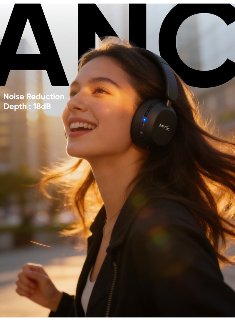 MYX EchoWave MX-V11 Wireless Headphones | Active Noise Cancellation (18dB) | Bluetooth 5.4 | 38H Playtime | Foldable & Rotatable Design | Built-in Microphone | Lightweight & Ergonomically Designed | Deep Bass | Compatible with iPhone, Samsung, Laptop, Tablet - Black - Image 5
