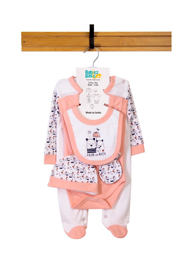 Babies Basic 5 Piece Unisex 100% Cotton Gift Set Include Bib, Romper, Mittens, Cap And Sleepsuit/Jumpsuit- Rain  - Image 1