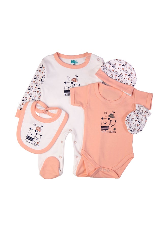 Babies Basic 5 Piece Unisex 100% Cotton Gift Set Include Bib, Romper, Mittens, Cap And Sleepsuit/Jumpsuit- Rain  - Image 2