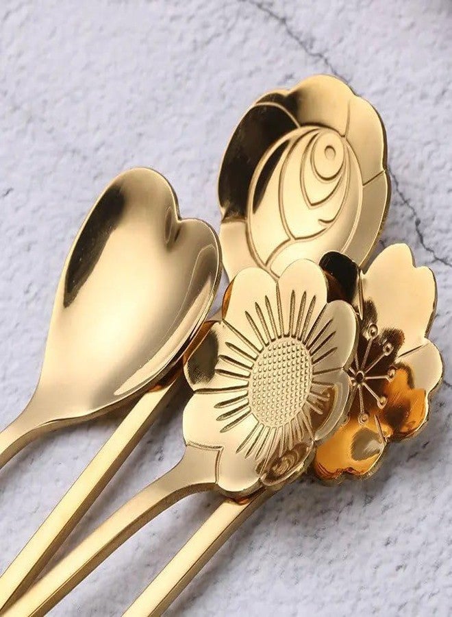 BIRZAR Golden Spoon Set/Coffee Spoon/Dessert Spoon/Cutlery Kitchen Tableware/Stainless Steel Gold Flower Shape Coffee Spoon with Package Bag, 18cm, 4 Pcs Different Coffee Spoon - Image 5