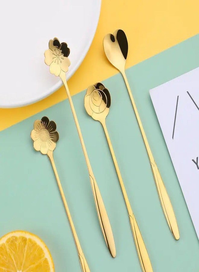 BIRZAR Golden Spoon Set/Coffee Spoon/Dessert Spoon/Cutlery Kitchen Tableware/Stainless Steel Gold Flower Shape Coffee Spoon with Package Bag, 18cm, 4 Pcs Different Coffee Spoon - Image 3