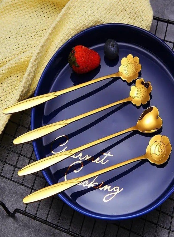 BIRZAR Golden Spoon Set/Coffee Spoon/Dessert Spoon/Cutlery Kitchen Tableware/Stainless Steel Gold Flower Shape Coffee Spoon with Package Bag, 18cm, 4 Pcs Different Coffee Spoon - Image 2