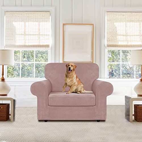 WEERRW Velvet Stretch Chair Sofa Slipcover - 2 Pieces Luxury Soft Velvet Plush Couch Cover Furniture Protector with Elastic Bottom for Pets, Machine Washable, Pink, Small - Image 2
