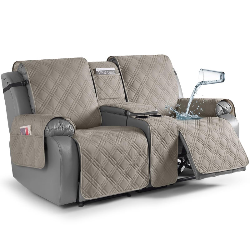 TAOCOCO Loveseat Recliner Cover with Center Console 100 Waterproof Pet Covers for Dual Recliner with Straps Design Split Reclining Loveseat Cover Furniture PetKid Protector 2 Seater Light Brown
