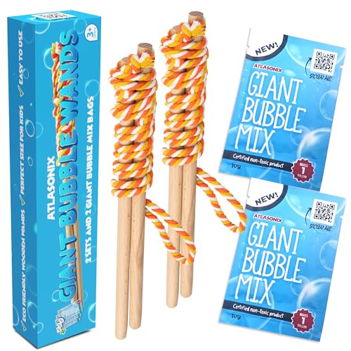 Atlasonix Giant Bubble Wand Big Bubble Wand Huge Rope 2 Pack Giant Bubble Wooden Wands 256 Ounces Bubble Mix Concentrate Refill Party Outdoor Summer Toys Activities for Kids Boys and Girls Kit - Image 1