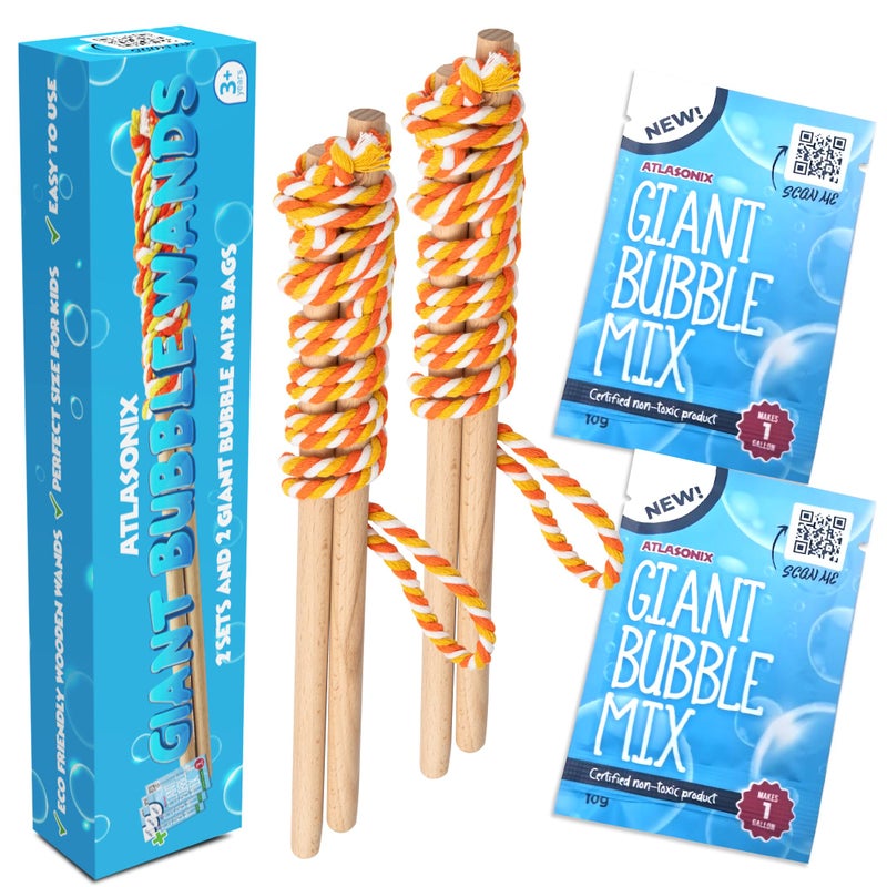 Atlasonix Giant Bubble Wand Big Bubble Wand Huge Rope 2 Pack Giant Bubble Wooden Wands 256 Ounces Bubble Mix Concentrate Refill Party Outdoor Summer Toys Activities for Kids Boys and Girls Kit - Image 2