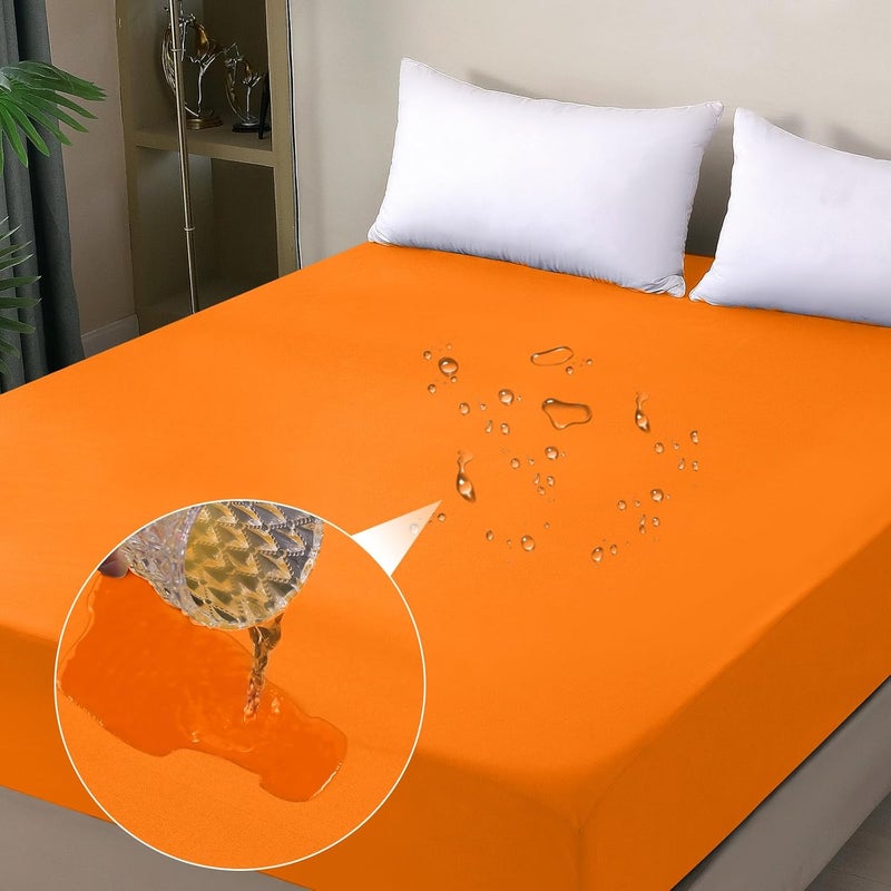 ohano Waterproof Mattress Protector 200 x 200 cm Fitted Sheet, Waterproof and Breathable Mattress Cover, Incontinence Pad, Moisture Protection Bed Sheet, Fitted Sheet, for All Seasons, Orange - Image 1
