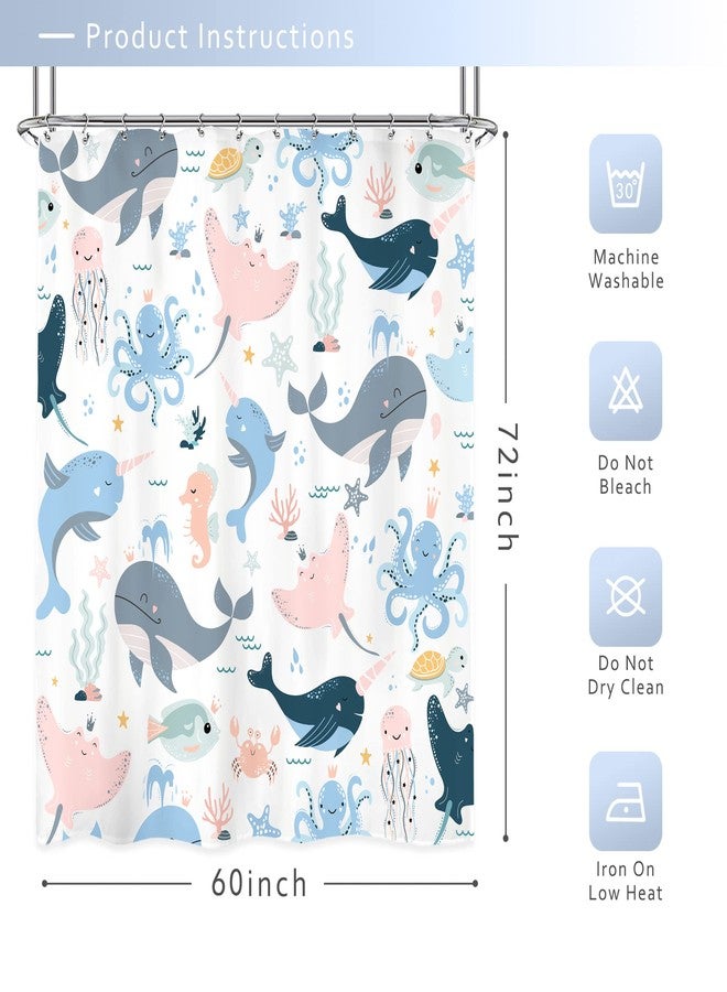 Riyidecor Ocean Whale Kids Shower Curtain 60Wx72H Inch Underwater Cartoon Animal Octopus Jellyfish Sea Life Cute Pink Blue Seaweed Turtle Bathroom Decor Fabric Polyester Waterproof 12 Pack Hooks - Image 3