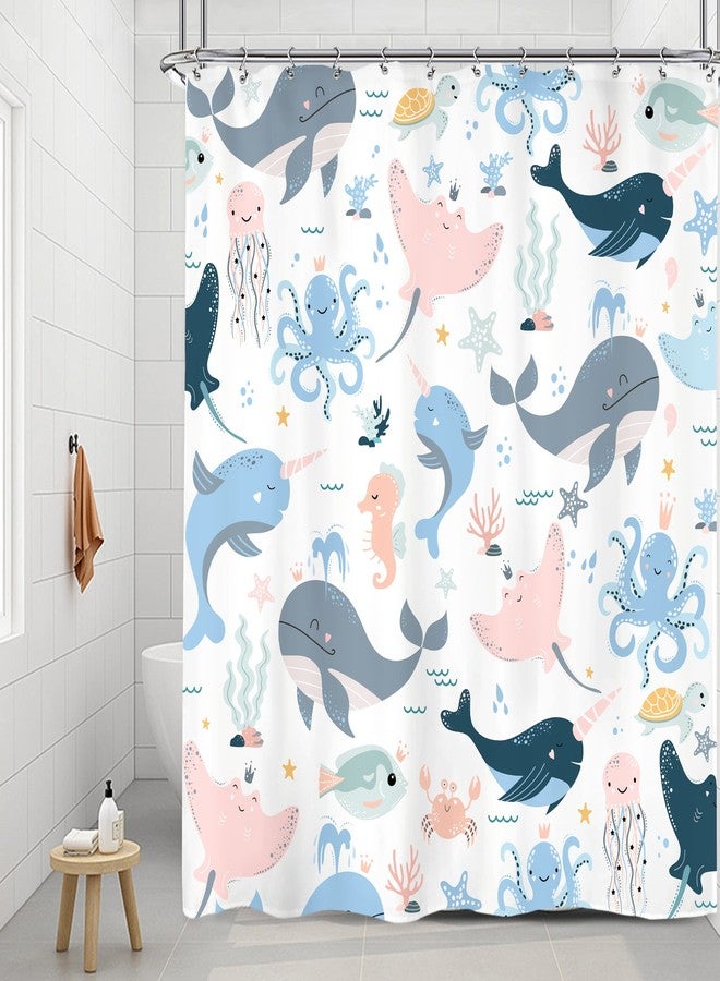 Riyidecor Ocean Whale Kids Shower Curtain 60Wx72H Inch Underwater Cartoon Animal Octopus Jellyfish Sea Life Cute Pink Blue Seaweed Turtle Bathroom Decor Fabric Polyester Waterproof 12 Pack Hooks - Image 1