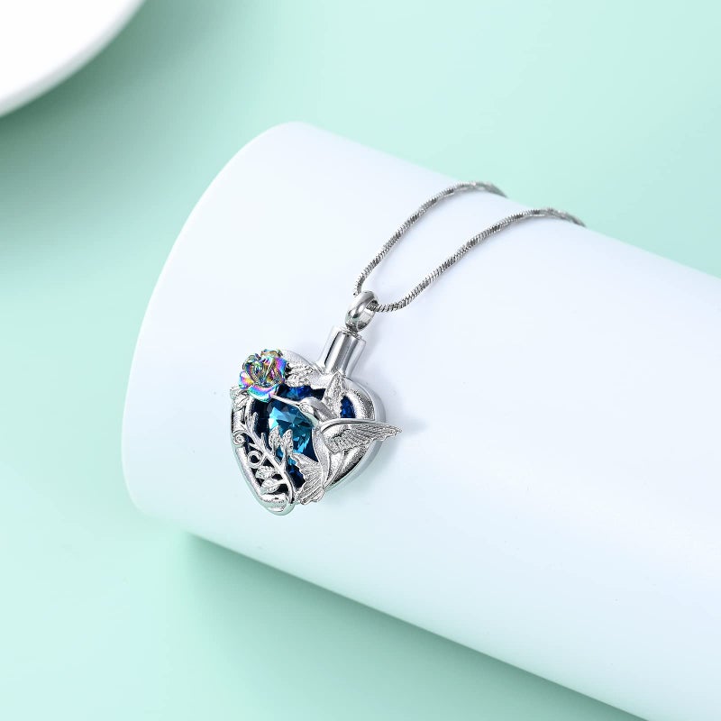 Yinplsmemory Hummingbird Cremation Jewelry Crystal Heart Urn Ashes Necklace for Women Men Memorial Keepsake Necklace of Loved One - Image 3