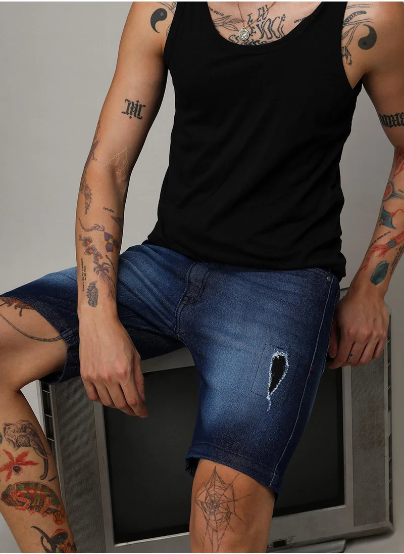 كامبوس سوترا Men's Navy Blue Side Distressed Denim Shorts