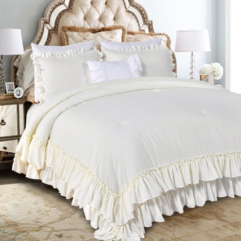 Masaca Shabby King Size Comforter Set Farmhouse Ivory Bedding Ruffled Comforter Set KingLightweight Vintage Rustic Bedding 3 Pcs 1 Shabby Comforter and 2 Pillowcases