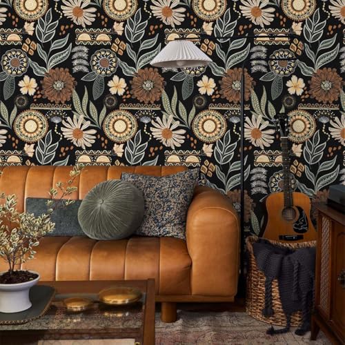 Naphite Boho Peel and Stick Wallpaper Vintage Floral Self Adhesive Wallpaper 393inL173inW Dark Botanical Sun Flower Contact Paper for Cabinets Drawers Removable Bathroom Bedroom Retro Wall Decor - Image 3