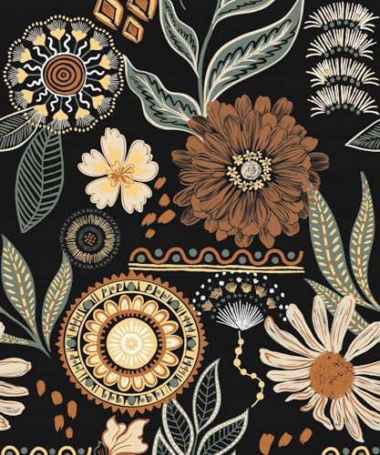 Naphite Boho Peel and Stick Wallpaper Vintage Floral Self Adhesive Wallpaper 393inL173inW Dark Botanical Sun Flower Contact Paper for Cabinets Drawers Removable Bathroom Bedroom Retro Wall Decor - Image 1