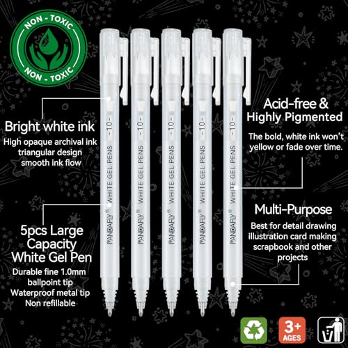 PANDAFLY White Gel Pens, 1 mm Extra Fine Point Gel Ink Pens, Opaque Archival Ink Pens for Black Paper Drawing, Sketching, Card Making, White Gel Pen for Art Highlight & Artists Drawing, 5 Pack - Image 3