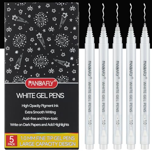 PANDAFLY White Gel Pens, 1 mm Extra Fine Point Gel Ink Pens, Opaque Archival Ink Pens for Black Paper Drawing, Sketching, Card Making, White Gel Pen for Art Highlight & Artists Drawing, 5 Pack - Image 1