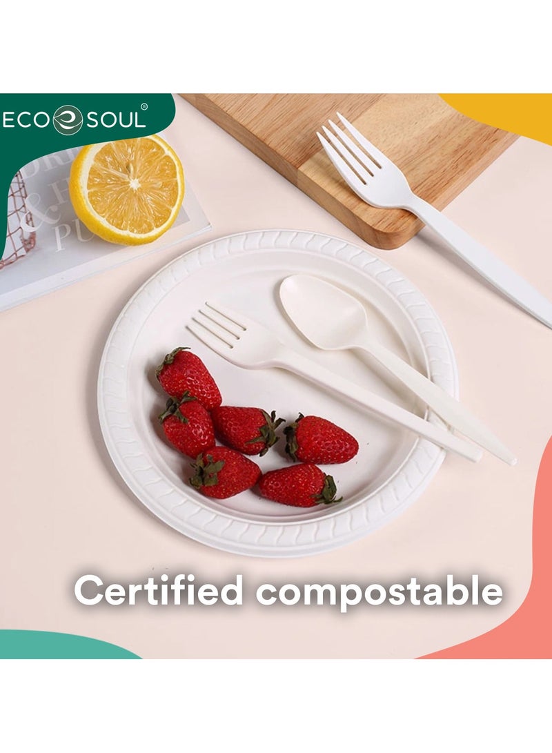 ECO SOUL 50 Piece Spoon & Fork Disposable Cutlery set - Compostable Premium Grade cutlery  Set I 100% Eco Friendly Disposable Spoon Fork Set Combo Pack of 50 Strong and Durable Utensils Cutlery I Microwave & Oven Safe - Image 1