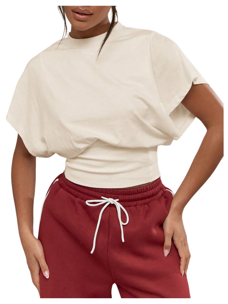 SHENHE Women's Cap Sleeve Dolman T Shirt Crew Neck Cinched Waist Loose Summer Crop Top Cream Medium - Image 1