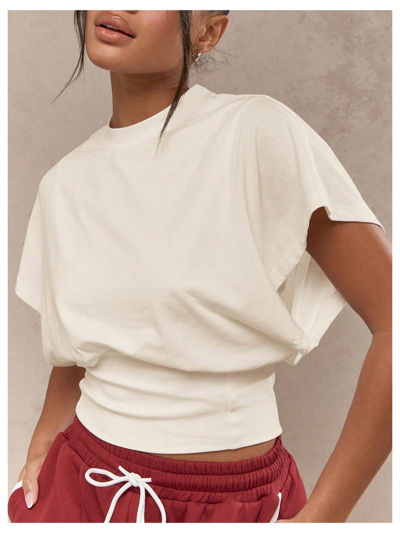 SHENHE Women's Cap Sleeve Dolman T Shirt Crew Neck Cinched Waist Loose Summer Crop Top Cream Medium - Image 3