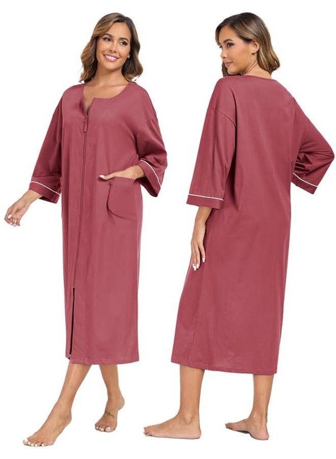 CF Women's 100% Cotton Zipper Robes 3/4 Sleeve House Coat Zip Up Housecoat Warm Full Length Loungewear with Pockets, Violettrot, XXL - Image 2