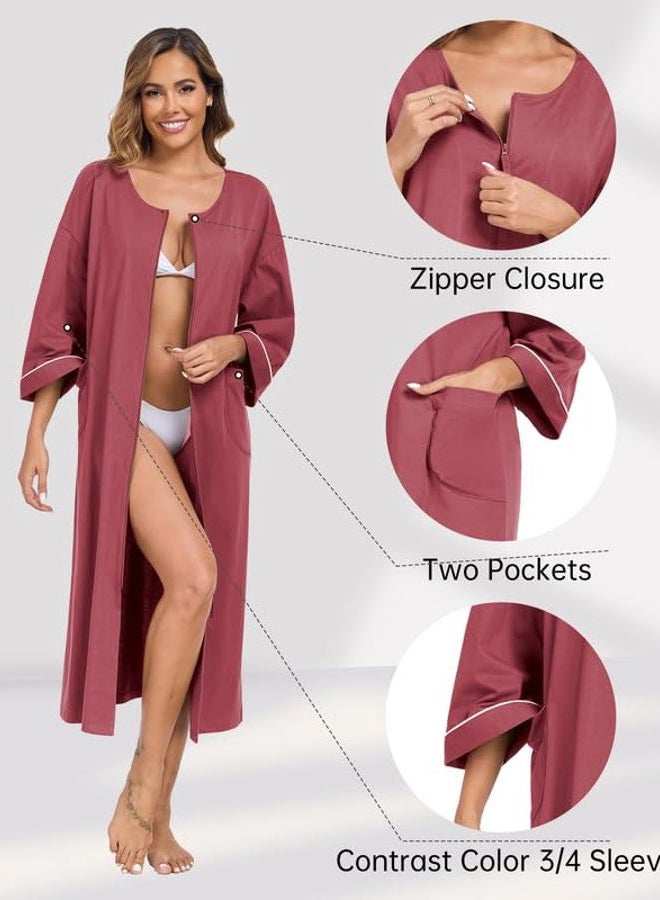 CF Women's 100% Cotton Zipper Robes 3/4 Sleeve House Coat Zip Up Housecoat Warm Full Length Loungewear with Pockets, Violettrot, XXL - Image 4