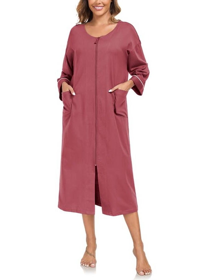 CF Women's 100% Cotton Zipper Robes 3/4 Sleeve House Coat Zip Up Housecoat Warm Full Length Loungewear with Pockets, Violettrot, XXL - Image 1