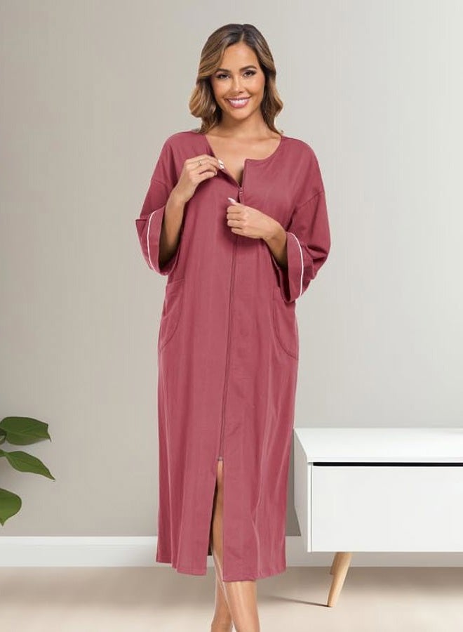 CF Women's 100% Cotton Zipper Robes 3/4 Sleeve House Coat Zip Up Housecoat Warm Full Length Loungewear with Pockets, Violettrot, XXL - Image 5